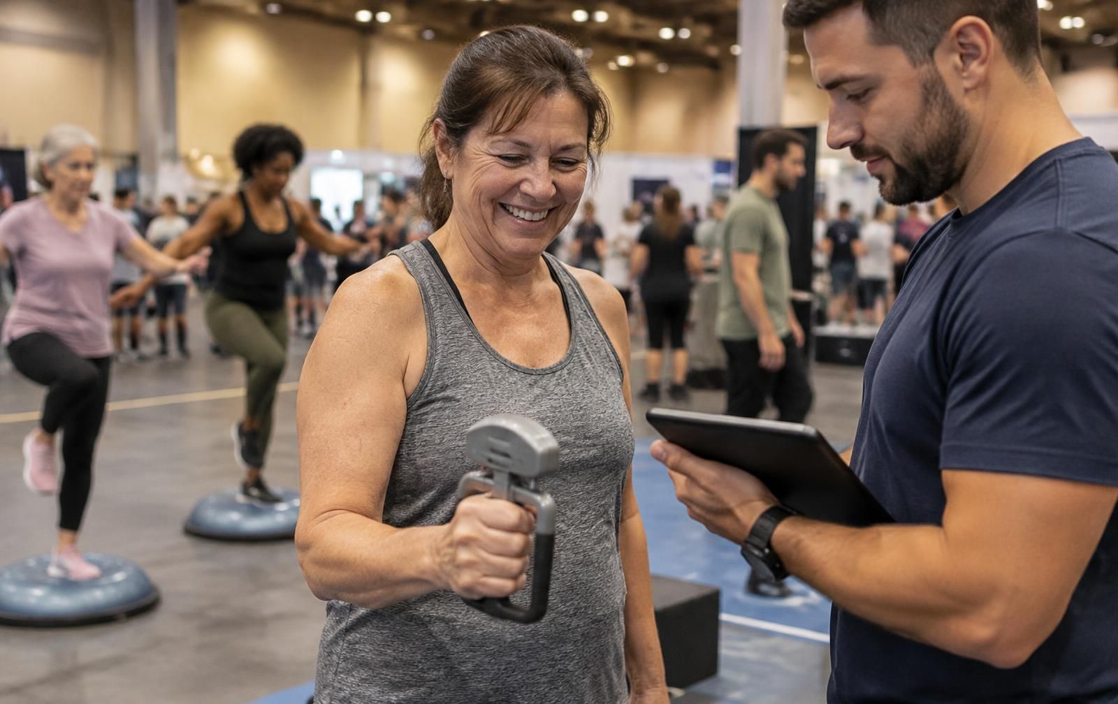 An attendee testing her grip strength with a coach in the Active Living Zone